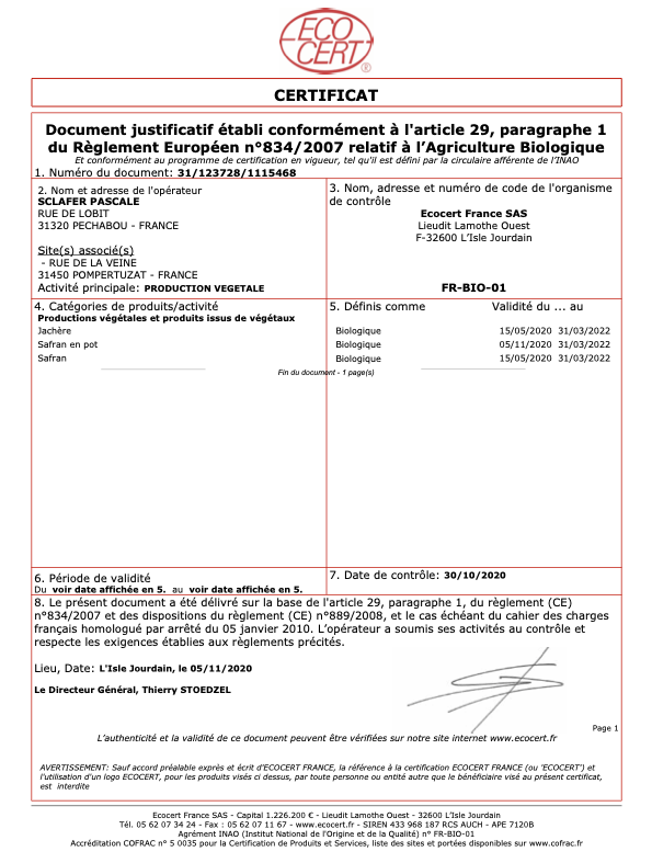 Certificat Ecocert Safran du Lauragais
